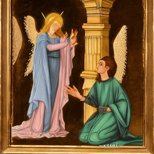 Image similar to an biblically accurate angel having a conversation with a very confused goth girl, masterpiece, old painting, 4 k scan, high attention to detail.