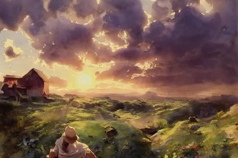 Prompt: watercolor painting of beautiful rustic view, magical, ambient lighting, art by hans gude, art by hans dahl, by jesper ejsing, art by anders zorn, wonderful masterpiece by greg rutkowski, cinematic light, american romanticism by greg manchess, creation by tyler edlin, heavy clouds and sun