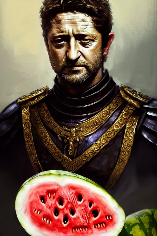 Prompt: portrait gerard butler as a greek king sitting on a watermelon, greek, intricate, headshot, key visual, conceptart, ambient lighting, highly detailed, digital painting, artstation, concept art, sharp focus, by makoto shinkai and akihiko yoshida and greg manchess