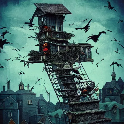 Image similar to A clown on the roof of the church playing with crows, by Android Jones and M. C. Escher collaboration, futurist, digital art, dramatic lighting, symbolic