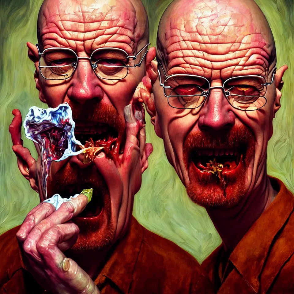 Image similar to weird and disturbing psychedelic walter white eating rotten flesh, laughing and puking blood, diffuse lighting, fantasy, intricate, elegant, highly detailed, lifelike, photorealistic, oil painting, illustration, concept art, smooth, sharp focus, art by francis bacon