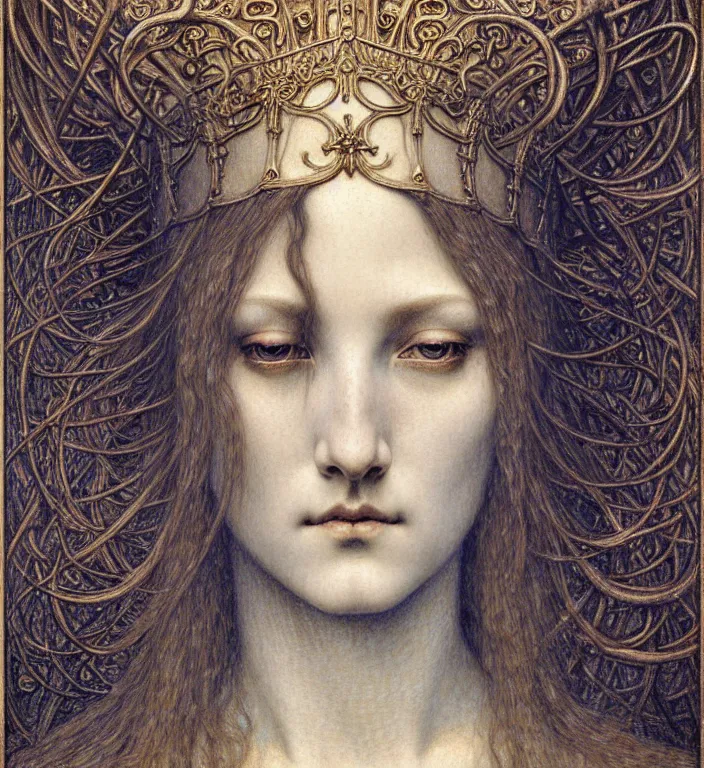 Image similar to detailed realistic beautiful young medieval queen face portrait by jean delville, gustave dore and marco mazzoni, art nouveau, symbolist, visionary, gothic, pre - raphaelite. horizontal symmetry