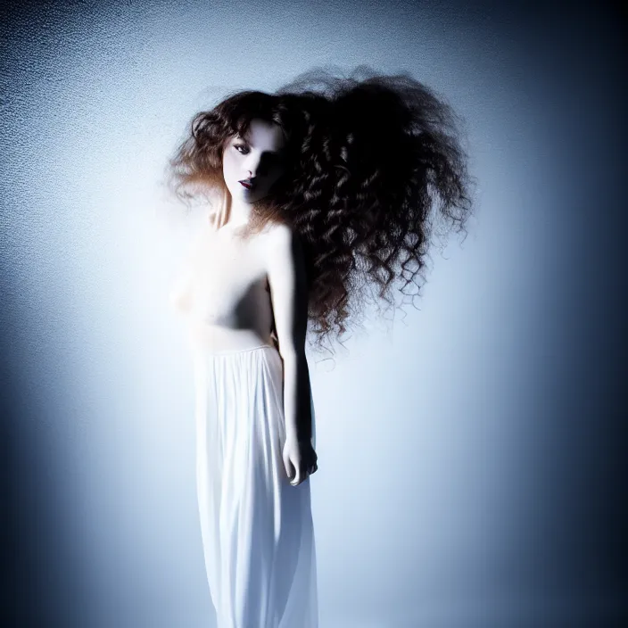 Image similar to simulated photography of a young woman with long curly hair, dressed in long white, light painting in style of Paolo Roversi, professional studio lighting, dark background, hyper realistic photography, fashion magazine style