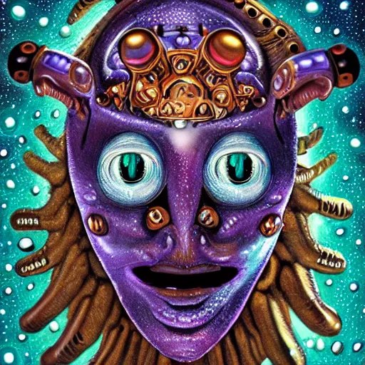 Image similar to alien with jewels for eyes, on exotic dreamy planet, jim henson creature shop, heavy metal magazine, illustration, mike mignogna