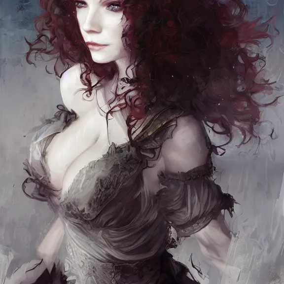 Image similar to christina hendricks!!! goth, tankoban, 4 k, tone mapping, akihiko yoshida, james jean andrei riabovitchev marc simonetti, yoshitaka amano, long hair, curly, h. hydrochaeri