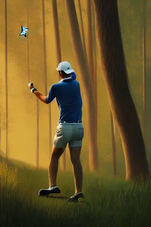 Prompt: close-up of an athletic golf player on a stunning landscape lush golf course, far away a burning forest, digital painting, 4k, forest rays of light, particles light, by sasha kalinkin, Noah Bradley, ilya kuvshinov