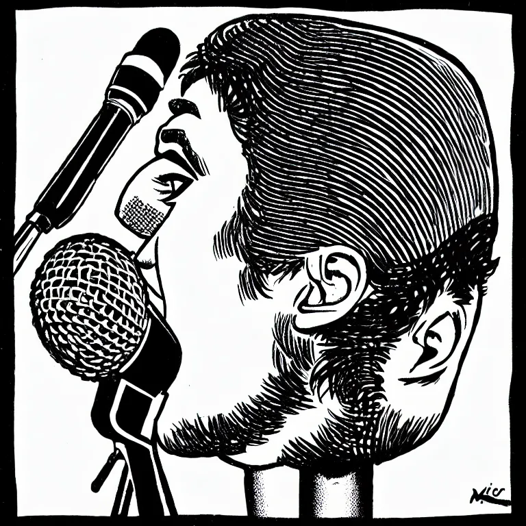 Image similar to rapping into microphone, epic angle, profile view, illustrated by Victor Moscoso