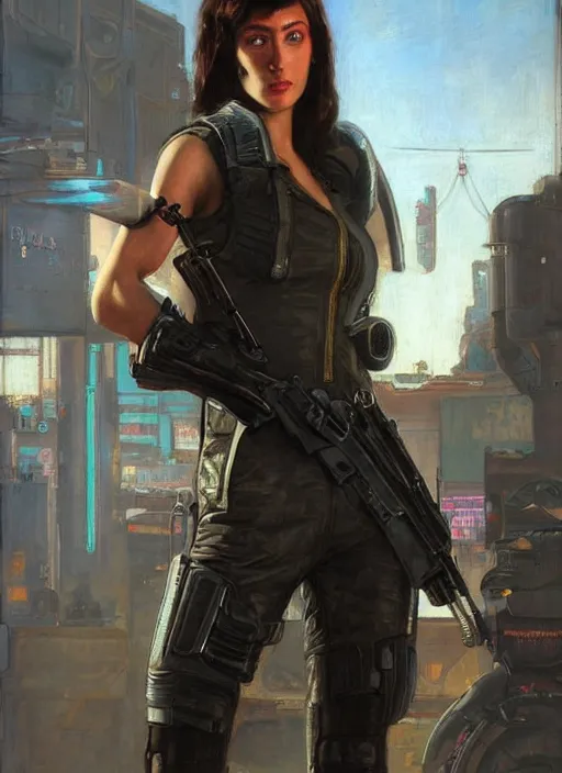 Prompt: athena. beautiful cyberpunk female USN marine wearing a military vest and military jumpsuit (cyberpunk 2077, bladerunner 2049). gorgeous face. Iranian orientalist portrait by john william waterhouse and Edwin Longsden Long and Theodore Ralli and Nasreddine Dinet, oil on canvas. Cinematic, hyper realism, realistic proportions, dramatic lighting, high detail 4k