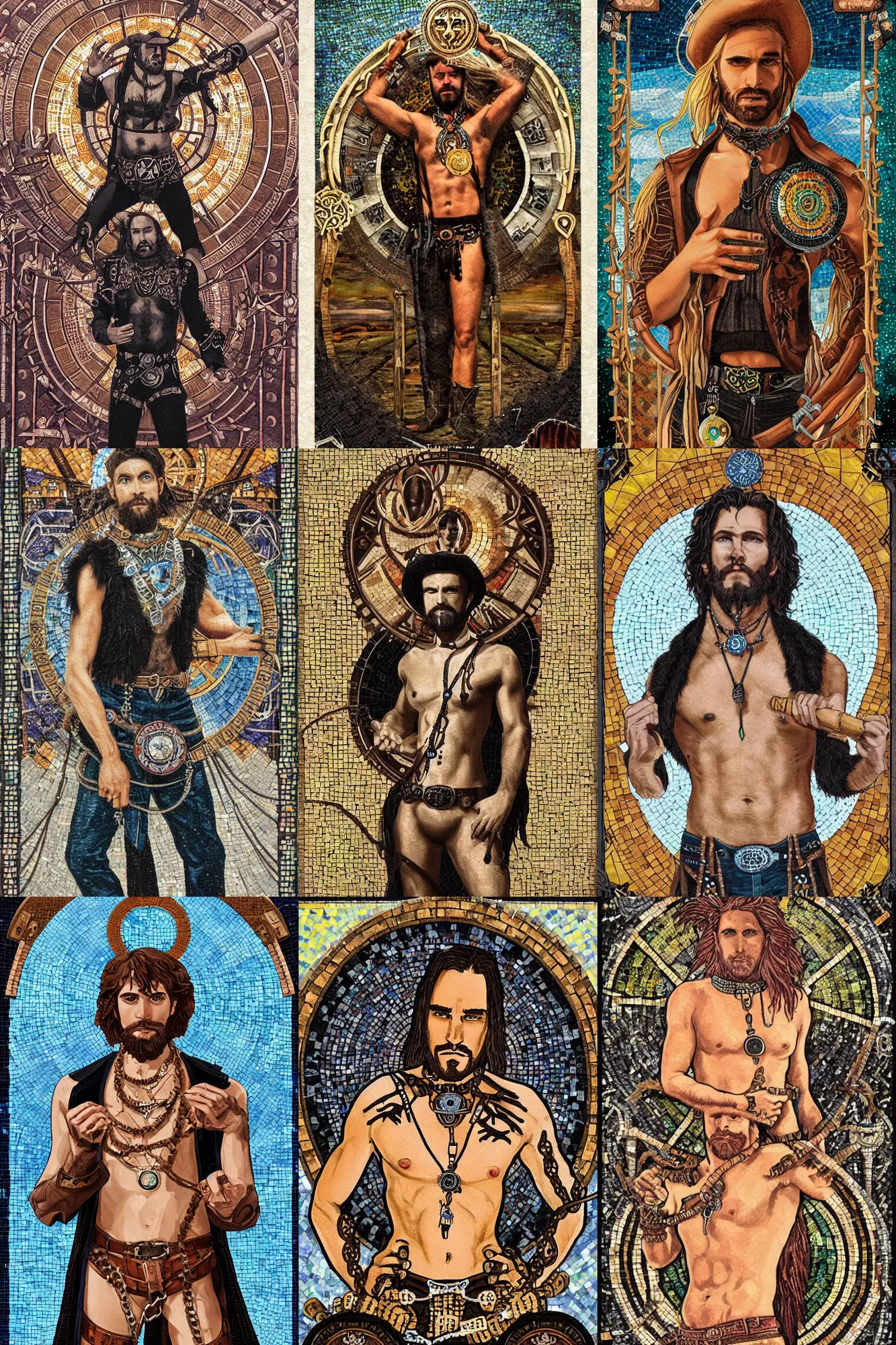 Prompt: a beautiful epic sinister symmetrical tarot painting of a handome hairy! shirtless cowboy holding reins and wearing a leather vest and pants and a circular pendant around his neck | background is a mosaic of wagon wheels | tarot card, art deco, art nouveau | trending on artstation