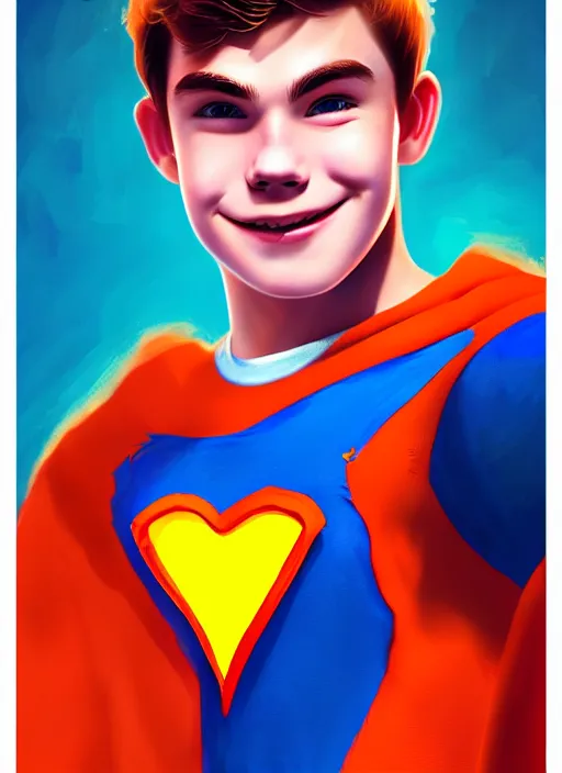 Image similar to friendly teenage archie andrews wearing an orange superhero costume with heart logo, heart, freckles, blue cape, heart emblem on chest, blue cape, intricate, elegant, glowing lights, highly detailed, digital painting, artstation, sharp focus, illustration, art by wlop, mars ravelo and greg rutkowski