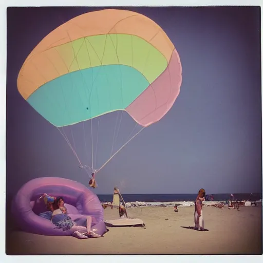 Prompt: a pastel colour high fidelity wide angle Polaroid art photo from a holiday album at a seaside with abstract inflatable parachute furniture, all objects made of transparent iridescent Perspex and metallic silver, people in masks relax, iridescence, nostalgic