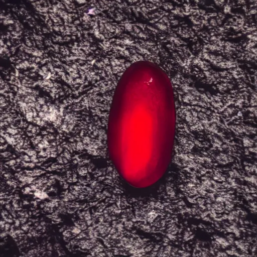 Image similar to a deep red, glowing, long crystal on a rock, film grain