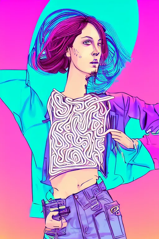 Image similar to a award winning half body portrait of a beautiful woman with stunning eyes in a croptop and cargo pants with ombre purple pink teal hairstyle and hands in pockets by thomas danthony, surrounded by whirling illuminated lines, outrun, vaporware, shaded flat illustration, digital art, trending on artstation, highly detailed, fine detail, intricate