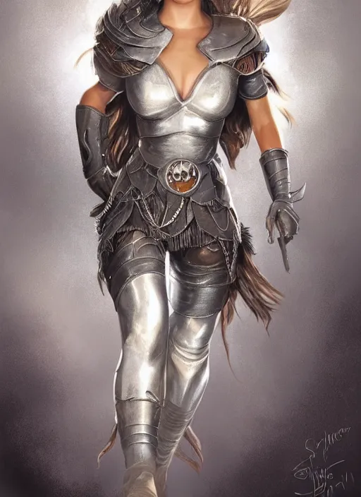 Image similar to beautiful female dorothy gale, rebecca romijn as dorothy, full body character concept, covered in full silver armor, armor plating, art nouveau, nordic, super powers, fantasy, intricate, elegant, highly detailed, digital painting, artstation, concept art, shining, sharp focus, illustration, art by stanley lau