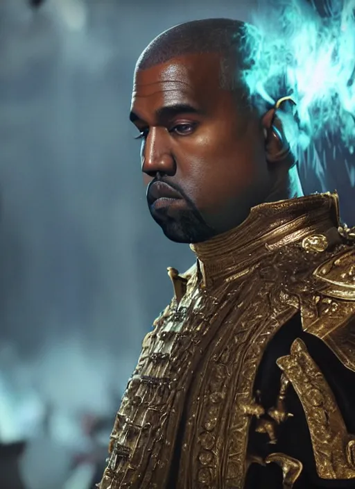 Image similar to kanye west as emperor napoleon in warcraft, splash art, movie still, cinematic lighting, dramatic, octane render, long lens, shallow depth of field, bokeh, anamorphic lens flare, 8 k, hyper detailed, 3 5 mm film grain