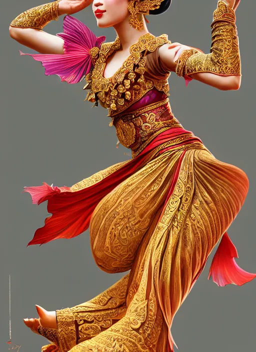 Image similar to javanese traditional dance, surealism, aesthetic, shiny, fantasy, intricate, elegant, extremely higly detailed, digital painting, artstation, anatomy perfect, baroque, concept art, photoshop, krita, smooth, sharp focus, full body focus, illustration, digital painting, art by artgerm and greg rutkowski and alphonse mucha