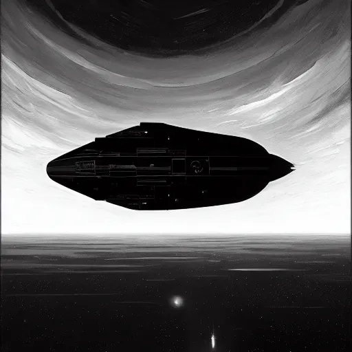 Prompt: a black and white dean ellis style space ship, oil on canvas painting, smooth, sharp focus, vibrant volumetric natural light in style of josan gonzalez and mike winkelmann and andgreg rutkowski and alphonse muchaand and caspar david friedrich and stephen hickman and james gurney and hiromasa ogura..