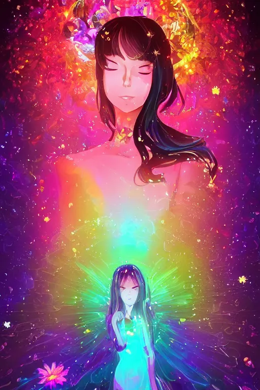Image similar to psychedelic, whimsical, anime, 4k, beautiful intimate woman with professional makeup, long trippy hair, a crystal and flower dress, bathing in a reflective crystal lake, underneath the stars, rainbow fireflies, trending on patreon, deviantart, twitter, artstation, volumetric lighting, heavy contrast, art style of Ross Tran and Ilya Kuvshinov