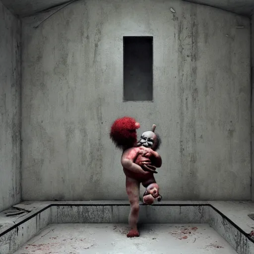 Image similar to a clown holding a baby inside an abandoned hospital, beksinski, dariusz zawadzki, symmetrical, surreal, magic surrealism, very coherent symmetrical artwork, cinematic, hyper realism, high detail, octane render, 8 k