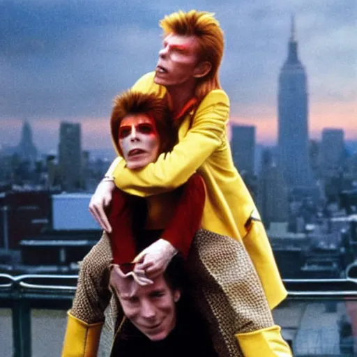 Image similar to david bowie from changes giving a piggy back ride to ziggy stardust. as a photograph with new york in the background
