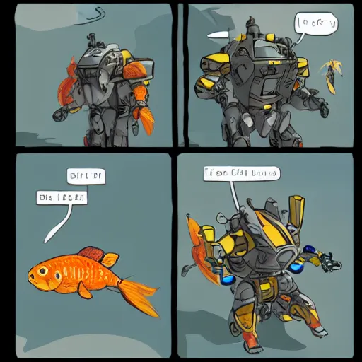 Image similar to a goldfish piloting a mech suit,