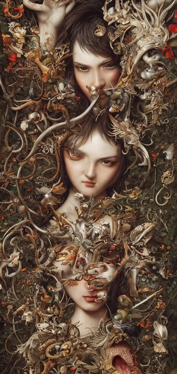 Image similar to an incredibly detailed masterpiece collaborative painting by bosch and artgerm, ornate, detailed, high resolution, wow!, intricate