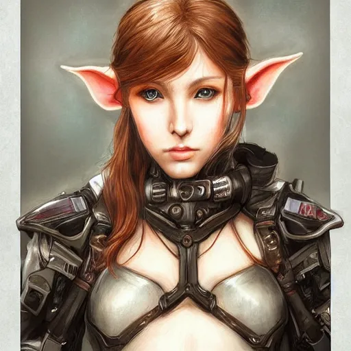 Image similar to portrait of an elf girl by ayami kojima, she is about 2 0 years old, mixture between british and japanese and she is wearing a modern tactical gear, scifi, highly detailed portrait, digital painting, artstation, concept art, smooth, sharp foccus ilustration, artstation hq