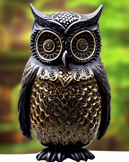 Prompt: royal ornate black ebony realistic detailed owl sanctuary stronghold fortess with golden filigree carved out of ivory