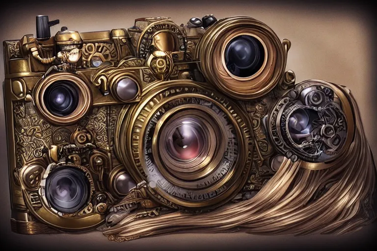 Prompt: a steampunk camera film by artgerm, hyper detailed, trending on artstation