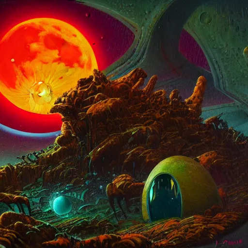 Image similar to lunar eclipse on strange alien planet with craters and unusual plants detailed painting in the style of paul lehr 4 k