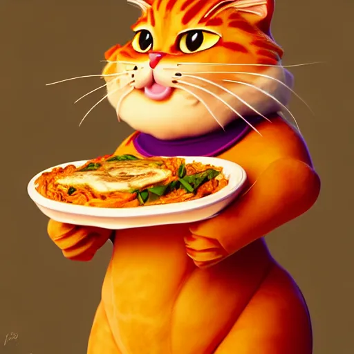 Image similar to fullbody!! personification of garfield the cat as a goddess holding lasagna, stunning, cat face, hyperrealistic, trending on artstation, smooth and sharp, intricate, fine details, highly detailed, elegant, dynamic pose, radiant light, detailed and intricate environment, professional character concept art by tatyana kupriyanova and greg rutkowski and raymond swanland