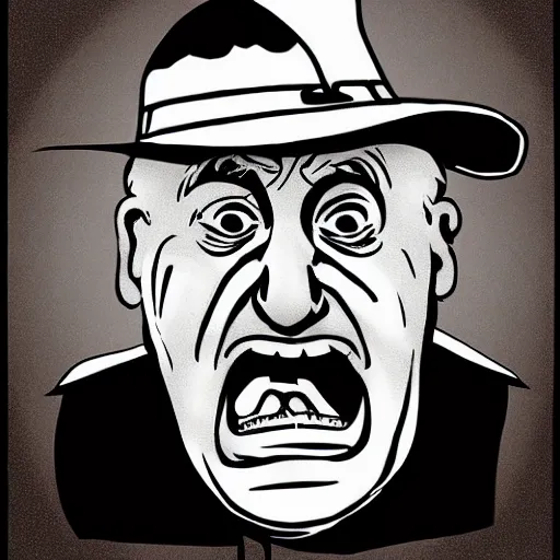 Prompt: a hilarious grumpy old man wearing a funny hat and has the expression of screaming and yelling, shaking his fist at those darn kids again! Digital art, holiday edition, humorous