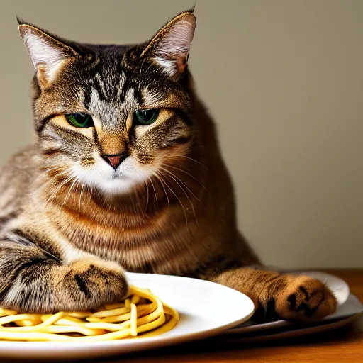 Image similar to professional photography of a cat sitting on a plate of spaghetti