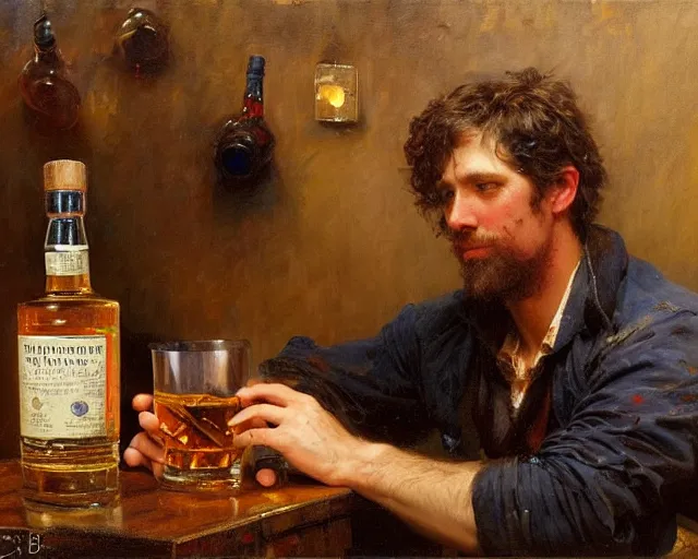 Image similar to an exhausted painter in his studio with a bottle of whisky. highly detailed painting by gaston bussiere, craig mullins, j. c. leyendecker 8 k