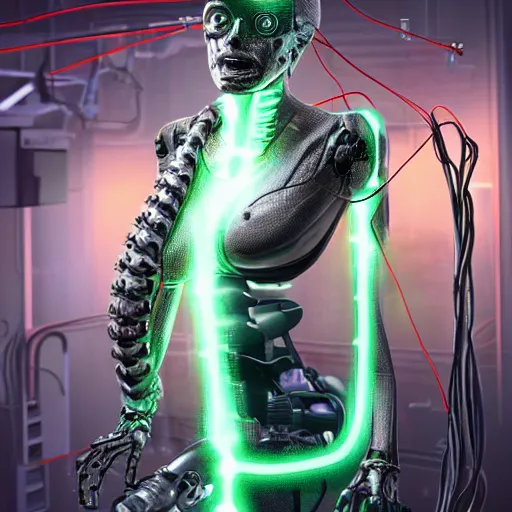 Image similar to the upper torso of a terminator cyborg lady with borg implants, human face and robotic snakes coming out of her head is hanging from cables and wires off the ceiling of a lab. Her bottom half is missing with cables hanging out. She is taking a sip from a cup of coffee. Tiny green led lights in her cybernetics. very detailed 8k. Horror cyberpunk style. Unreal engine 5 render with nanite, path tracing and cinematic post processing. Sharp.