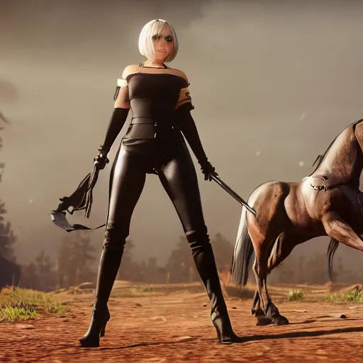 Prompt: Film still of 2B nier automata wearing skintight clothes riding a horse, from Red Dead Redemption 2 (2018 video game), trending on artstation, artstationHD, artstationHQ