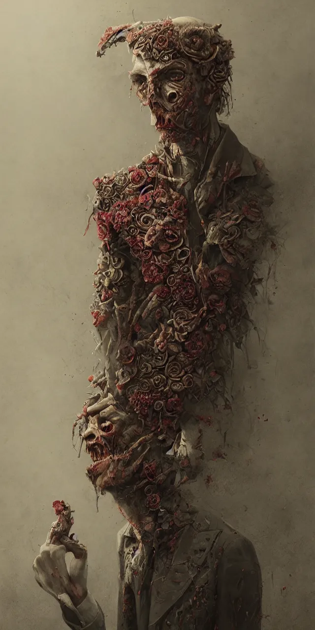 Image similar to a beautifully rendered portrait of an upright and fed up intricately hand - carved zombie wearing a floral embroidered blazer, by gerald brim and tom bagshaw and beksinski, trending on artstation, 8 k, full subject in frame, upright