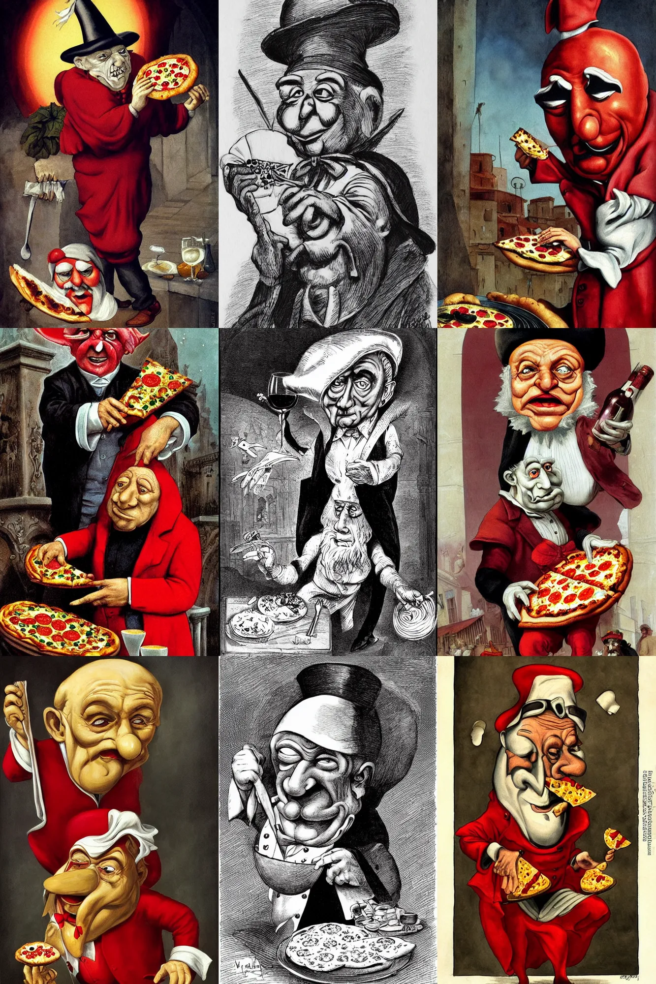 Prompt: wrinkled! old man wearing pulcinella mask, with a pizza! margherita di napoli and a red wine, menacing appearance, lowbrow, artistic, dramatic backlight, full body, wide angle, ultrafine detailed caricarture painting by george cruikshank, trending on deviantart, masterpiece
