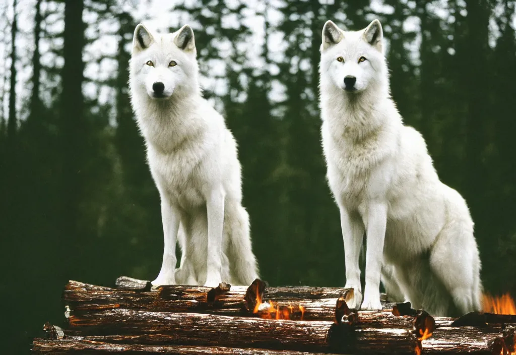 Image similar to lomo photo of a white wolf in front of a burning log cabin, cinestill, bokeh, out of focus