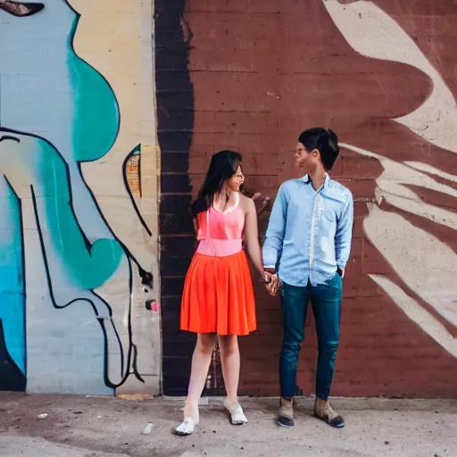 Prompt: street photography young adult couple holding hands. Skinny tall Latino short dark brown hair male, thick short Filipino long hair female. Colorful sunny day Nikon p500