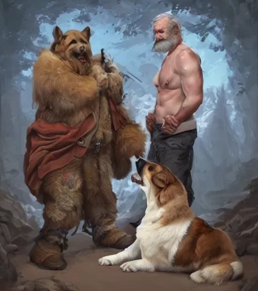 Prompt: full portrait of a old, ruggedly handsome bearded man petting a corgi dog, soft hair, muscular, half body, cloth, d & d, fantasy, intricate, elegant, highly detailed, digital painting, artstation, concept art, smooth, sharp focus, illustration, art by artgerm and greg rutkowski and alphonse mucha