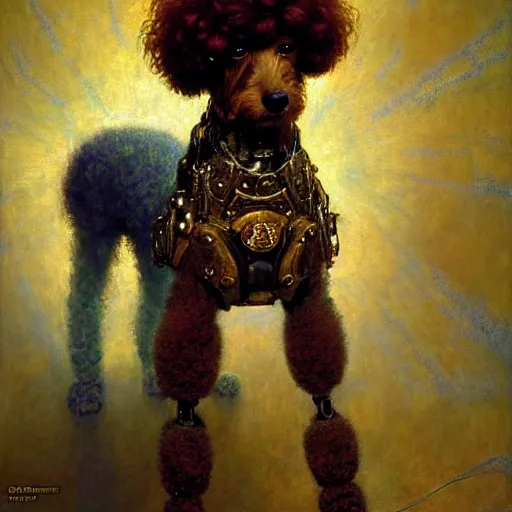 Image similar to portrait of a male furry poodle dog in jeans. shadowrun furaffiniy cyberpunk fantasy highly detailed painting by gaston bussiere craig mullins jc leyendecker gustav klimt artgerm greg rutkowski john berkey, bergey, craig mullins, ruan jia, raymond swanland, jeremy mann, tom lovell, alex malveda