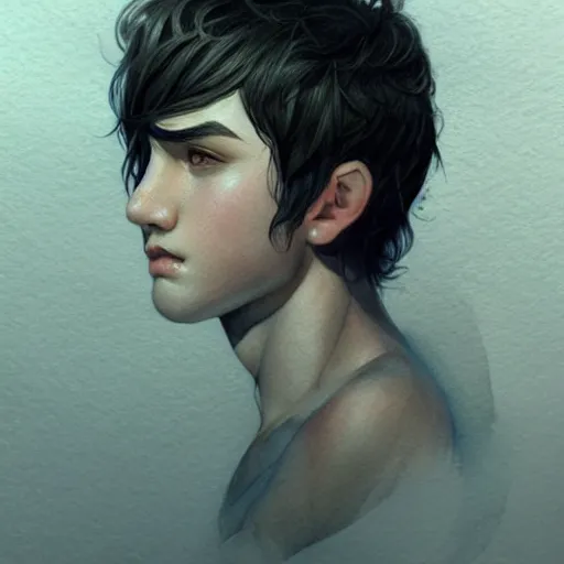 Prompt: young boy, black hair, light muscles, gorgeous, amazing, delicate, elegant, intricate, highly detailed, watercolor, portrait, artstation, concept art, sharp focus, illustration, art by charlie bowater and Ross tran