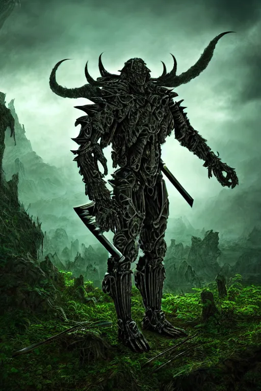 Image similar to post - gothic giant muscular humanoid chimera, exoskeleton armor, holding katana, dystopian ruins covered in vegetation, highly detailed smooth digital art masterpiece, vitaly bulgarov giger dramatic dark teal light, ground angle hd 8 k, sharp focus