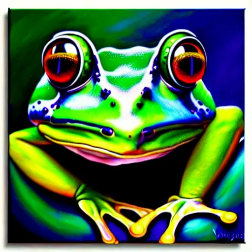 Image similar to vr painting of abstract surrealist frog by yvonne mcgillivray by mandy jurgens by michael divine, powerful eyes glowing highly detailed painting, spiritual abstract forms, symmetrical, trending on art station, abstract emotional, very beautiful, fantasy digital art, highly detailed patterned visionary art, magic symbols, by michael divine, cosmic nebula, black gold color scheme