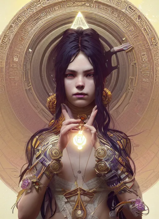 Prompt: Divine cosmic female power, glyphs, magic, artstation, cgsociety, very detailed, intricate, detailed illustration, by artgerm and greg rutkowski and alphonse mucha, octane render, unreal engine, hyperrealism