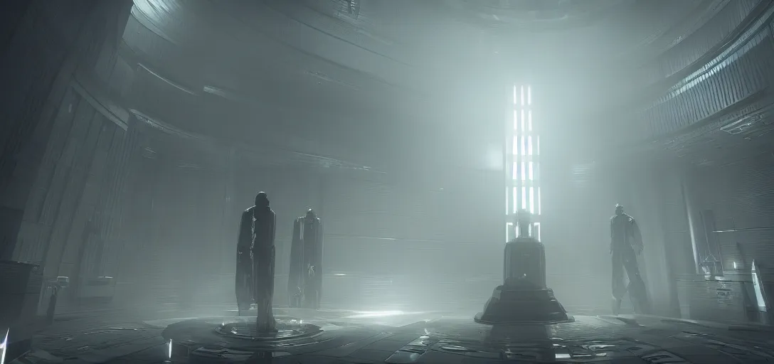 Prompt: scifi necromancer in a cyber tech mausoleum, unreal engine, octane render, realistic, cinematic post process and mist foggy, dramatic lighting, 4k detailed