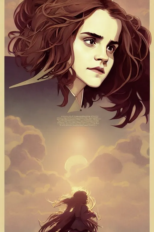 Image similar to Poster artwork, Emma Watson as Hermione Granger, medium shot, details, sharp focus, illustration, by Jordan Grimmer and Alphonse Mucha and greg rutkowski and PiNe(パイネ) and 薯子Imoko and 香川悠作 and maya takamura, intricate, beautiful, Trending artstation, pixiv, digital Art