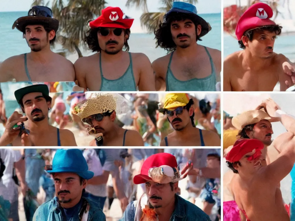 Prompt: Close up of Mario in a hat and Gomez in Harmony Korine Spring Breakers film aesthetic!!! photorealistic