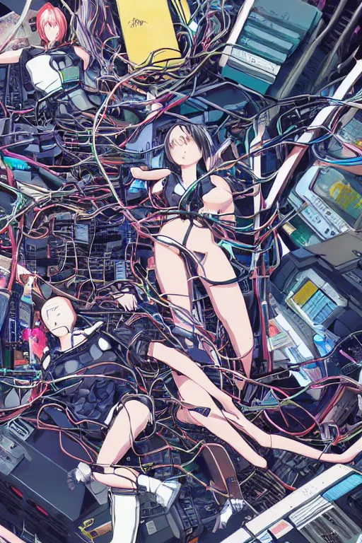 Prompt: cyberpunk anime illustration of a group of female androids lying on an empty white floor in various poses with their bodies open showing a tangled mess of wires and cables coming out, by katsuhiro otomo and masamune shirow, hyper-detailed, colorful, beautiful, bird view